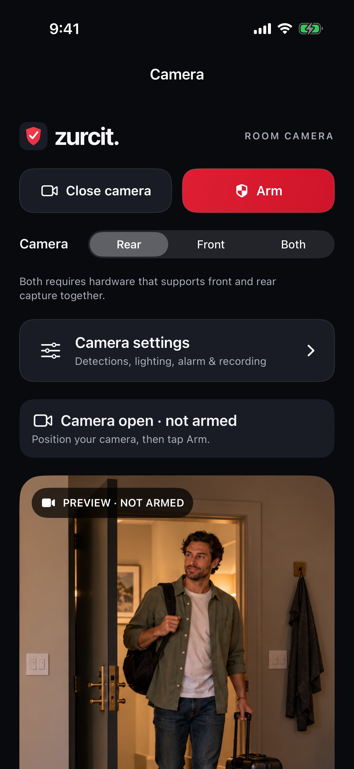 Updated Zurcit Camera screen with Arm, Front/Rear/Both selection and one Camera settings button