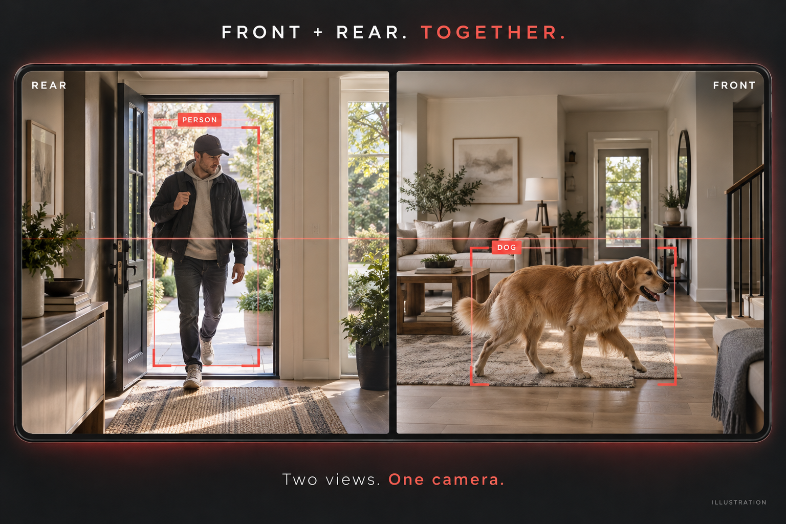 Illustration of simultaneous rear-camera person detection and front-camera dog detection, with red detection brackets