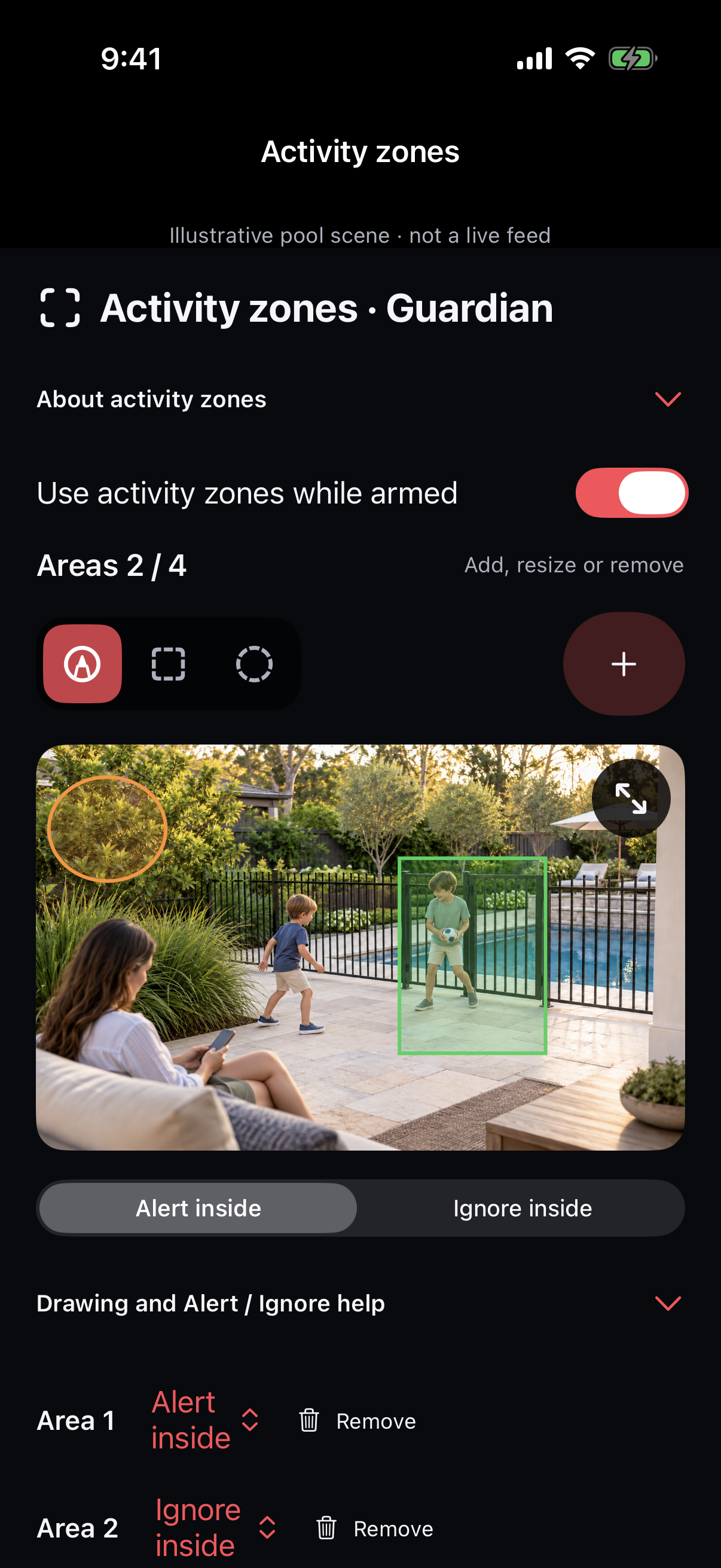 Actual Guardian alert area editor with drawn alert and ignore areas