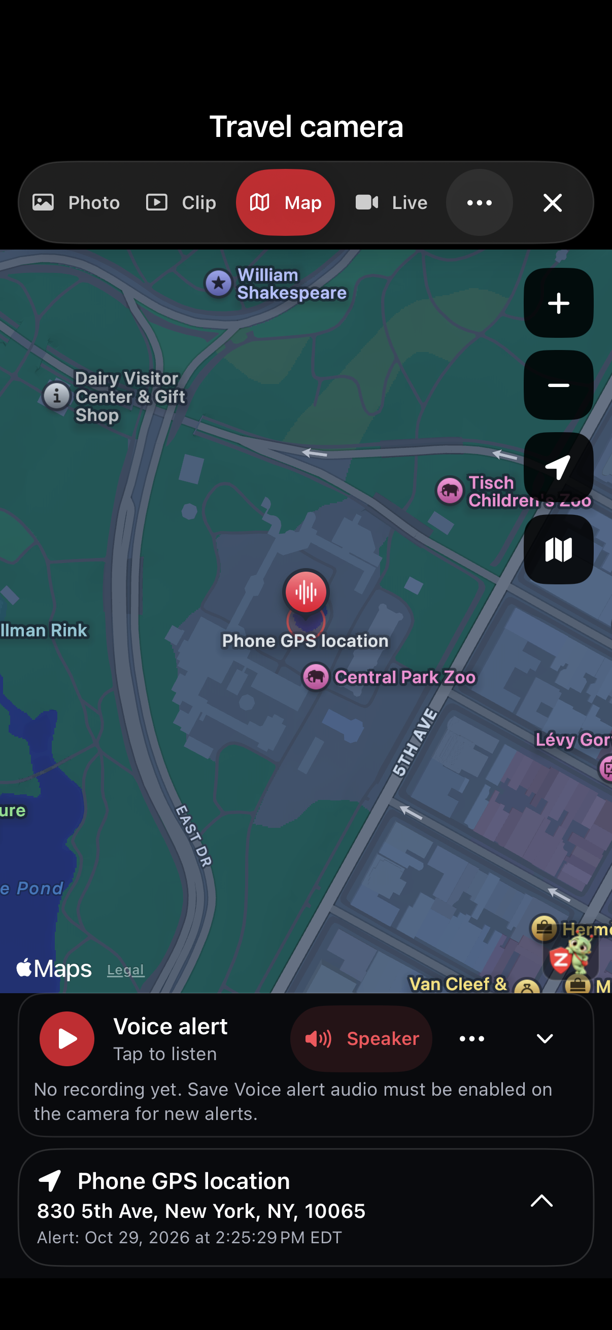 Actual opened event Map view with sample saved GPS and Photo, Clip, Map and Live controls