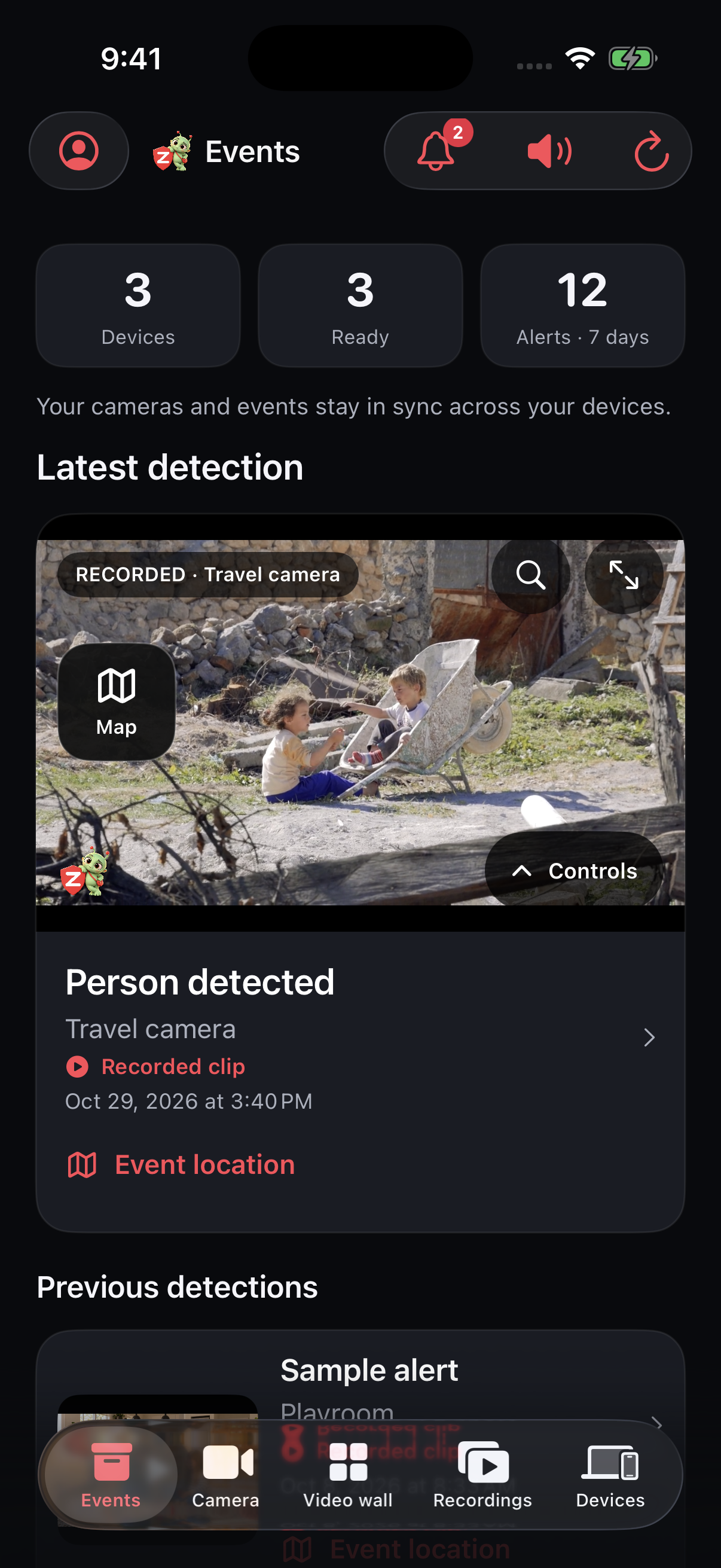 Actual app Events screen with camera names, detection types, dates and recorded clips
