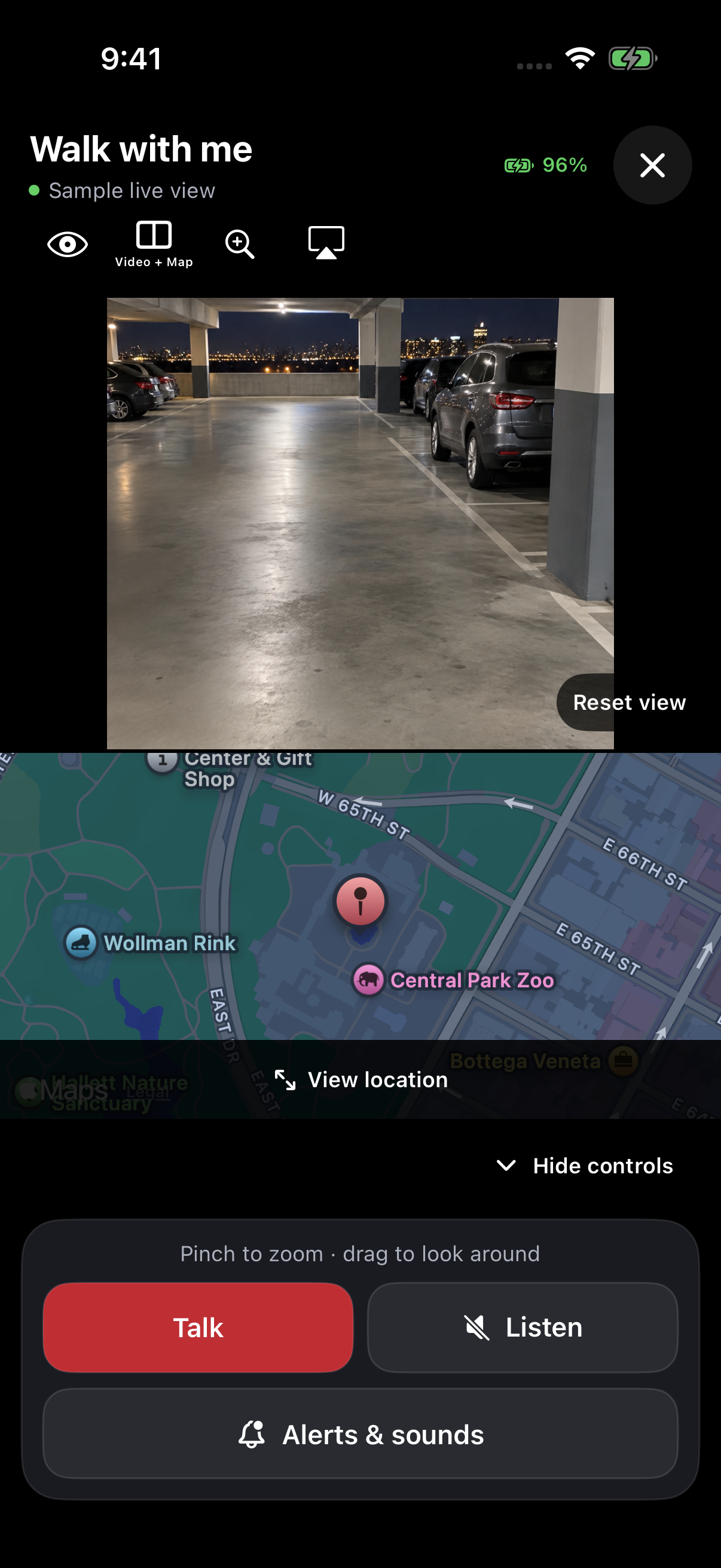 Actual helper live viewer showing video, sample GPS map, Talk and Silence controls