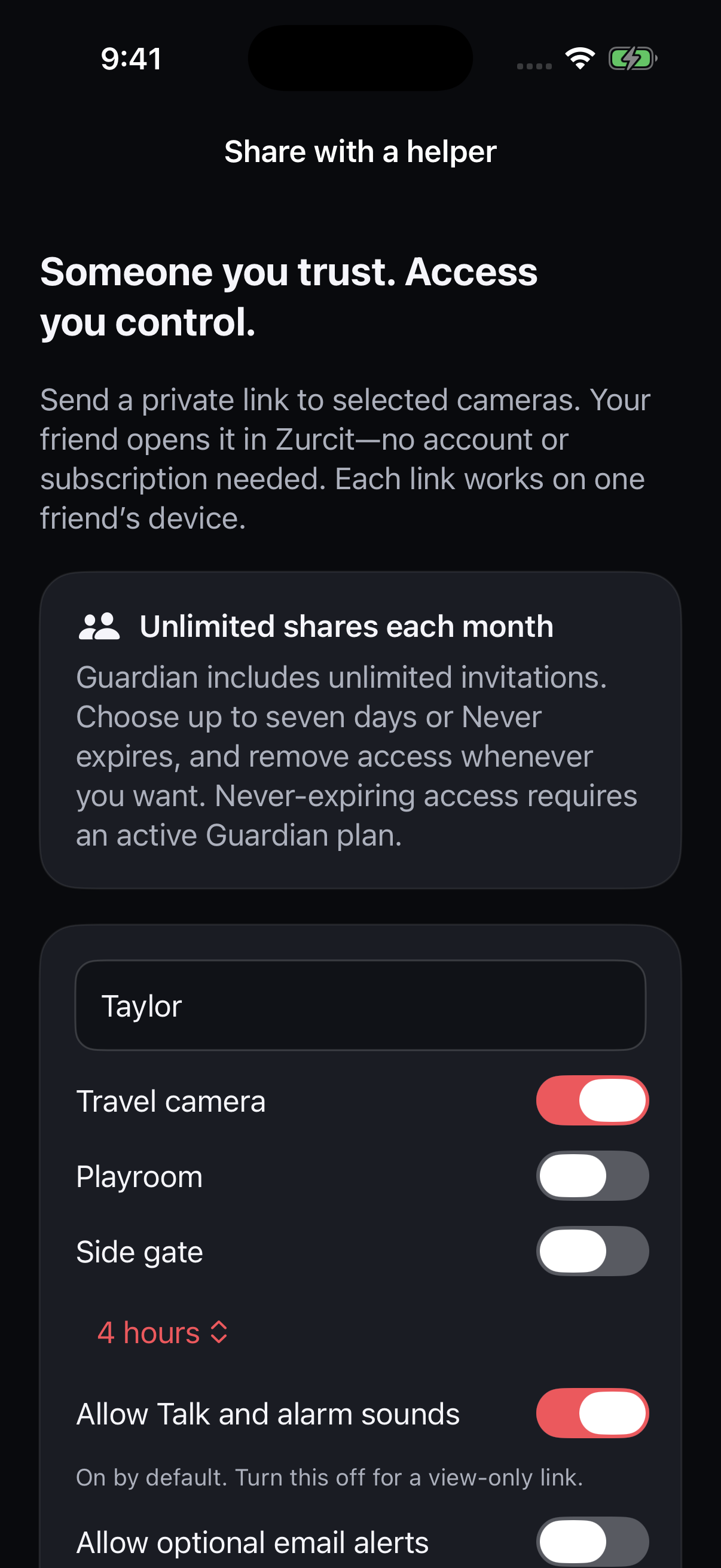 Actual Zurcit private sharing setup with camera choice and invitation options
