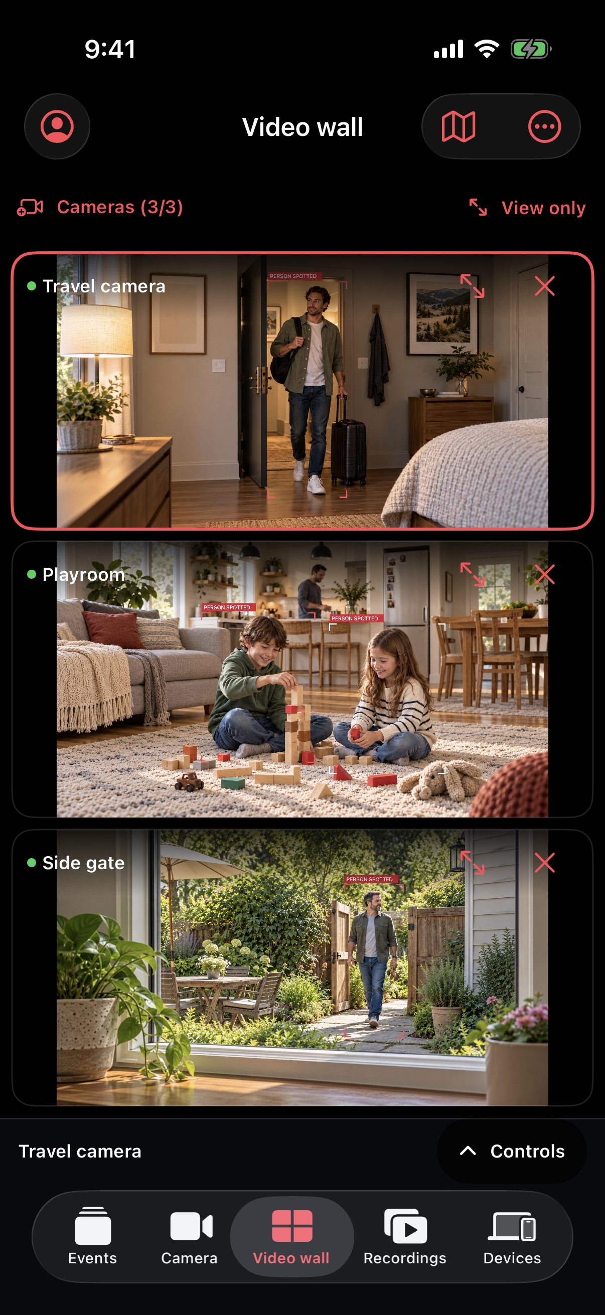 Actual Video wall on the second device showing named cameras