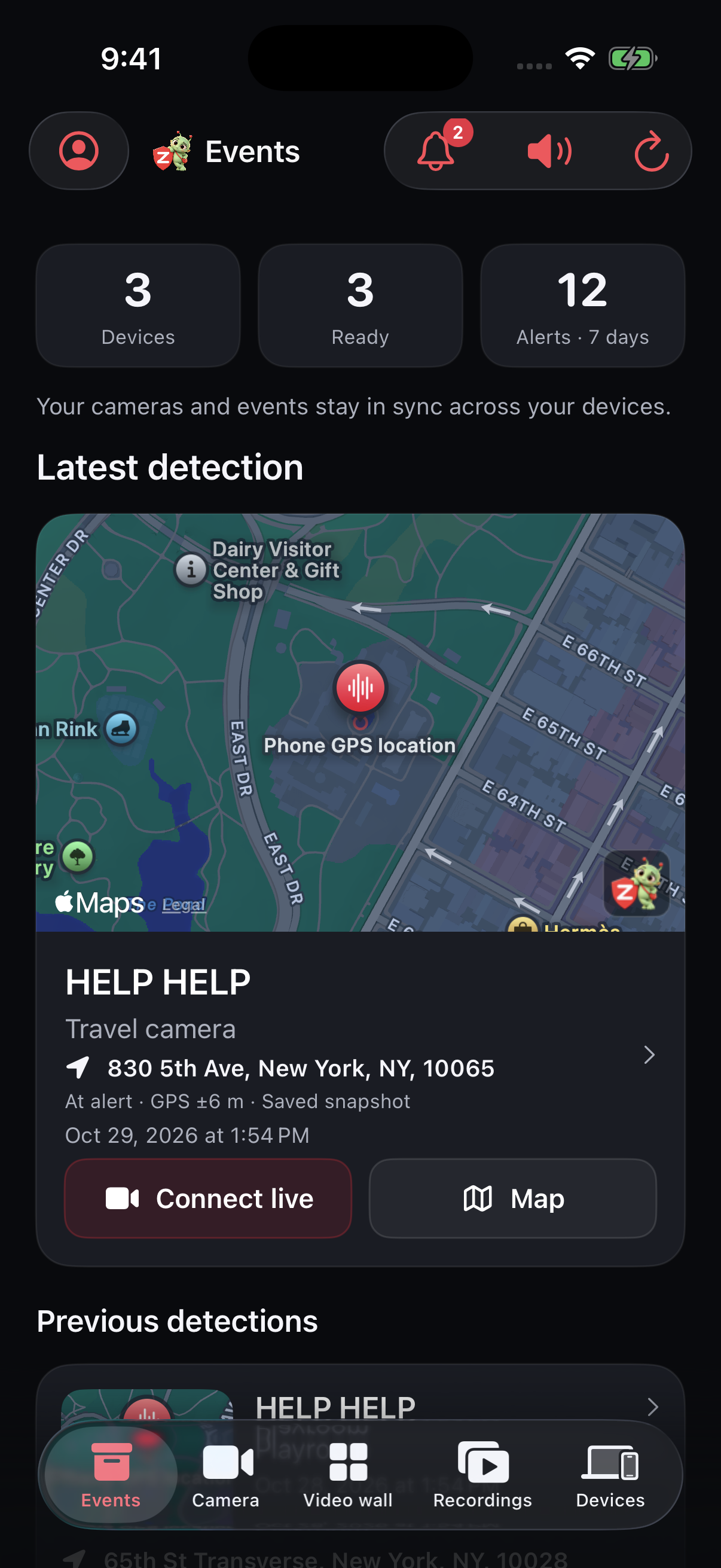 Actual HELP HELP Voice alert with source camera, saved sample GPS and Connect live button