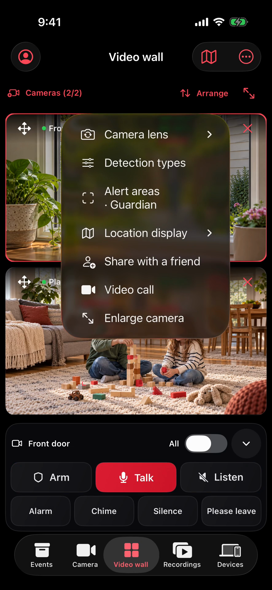 Actual Video wall menu for camera lens, detections, alert areas and sharing
