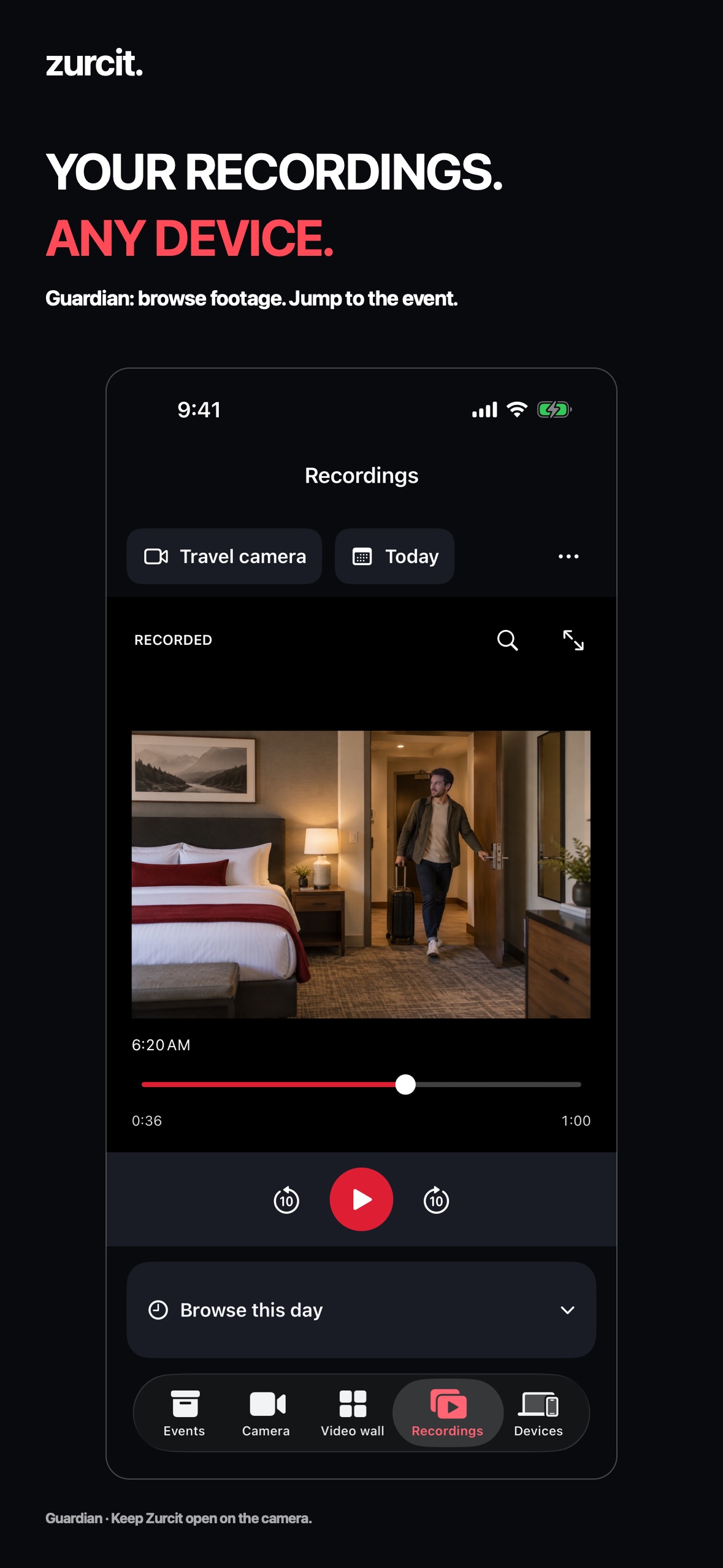 Zurcit recordings screen with a large video, simple playback controls, and one saved-footage timeline