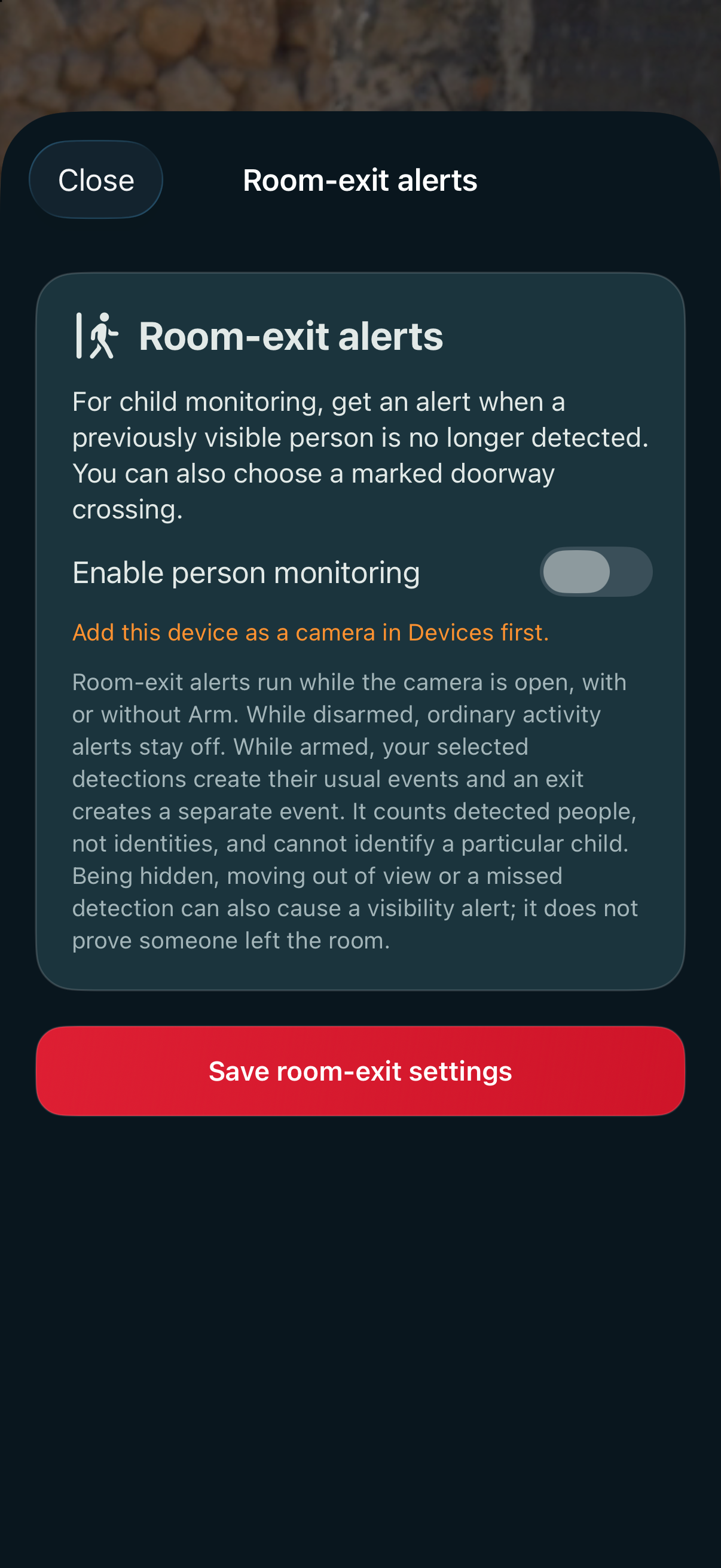 Actual Room-exit alerts app settings, with Enable person monitoring and camera registration requirement
