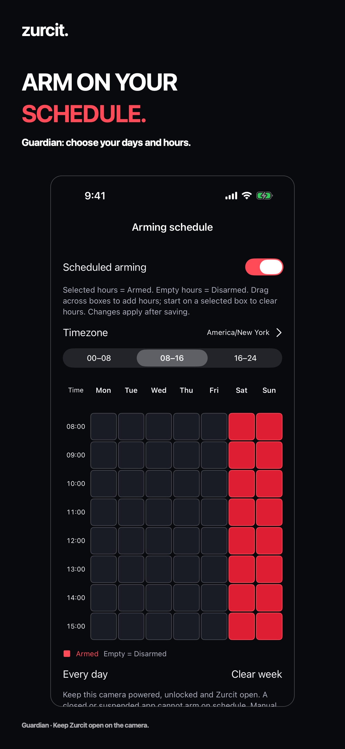 Zurcit weekly arming schedule with selected hours for each day