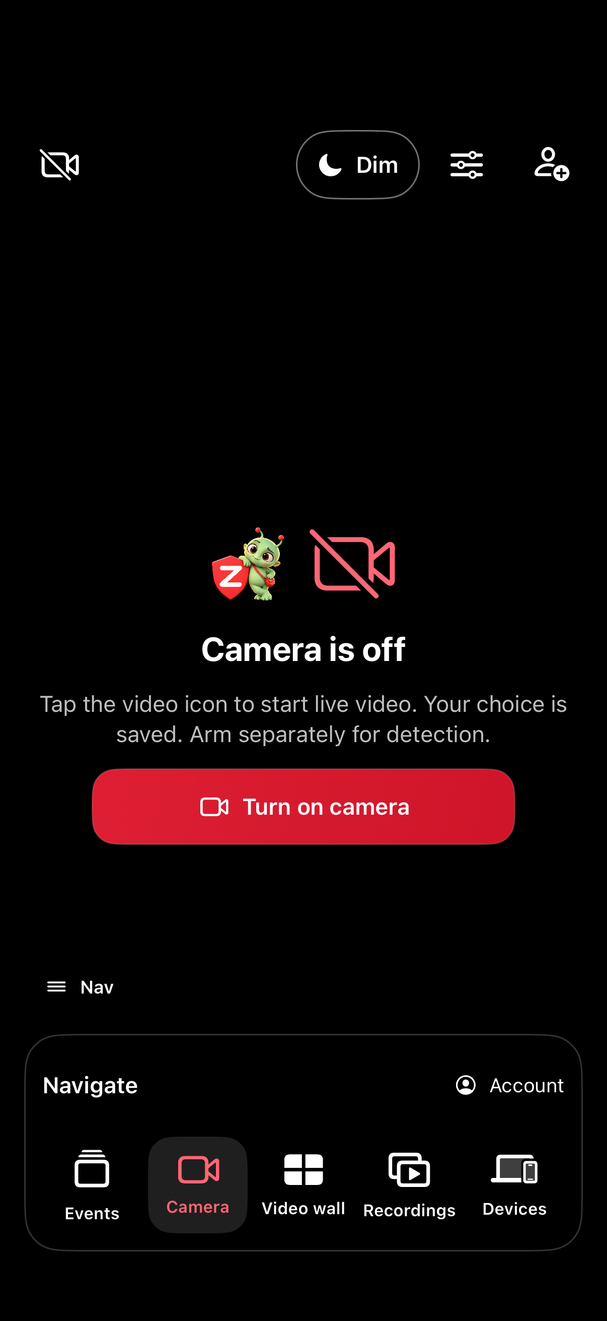 Actual Camera screen with Turn on camera button and Share with a friend icon