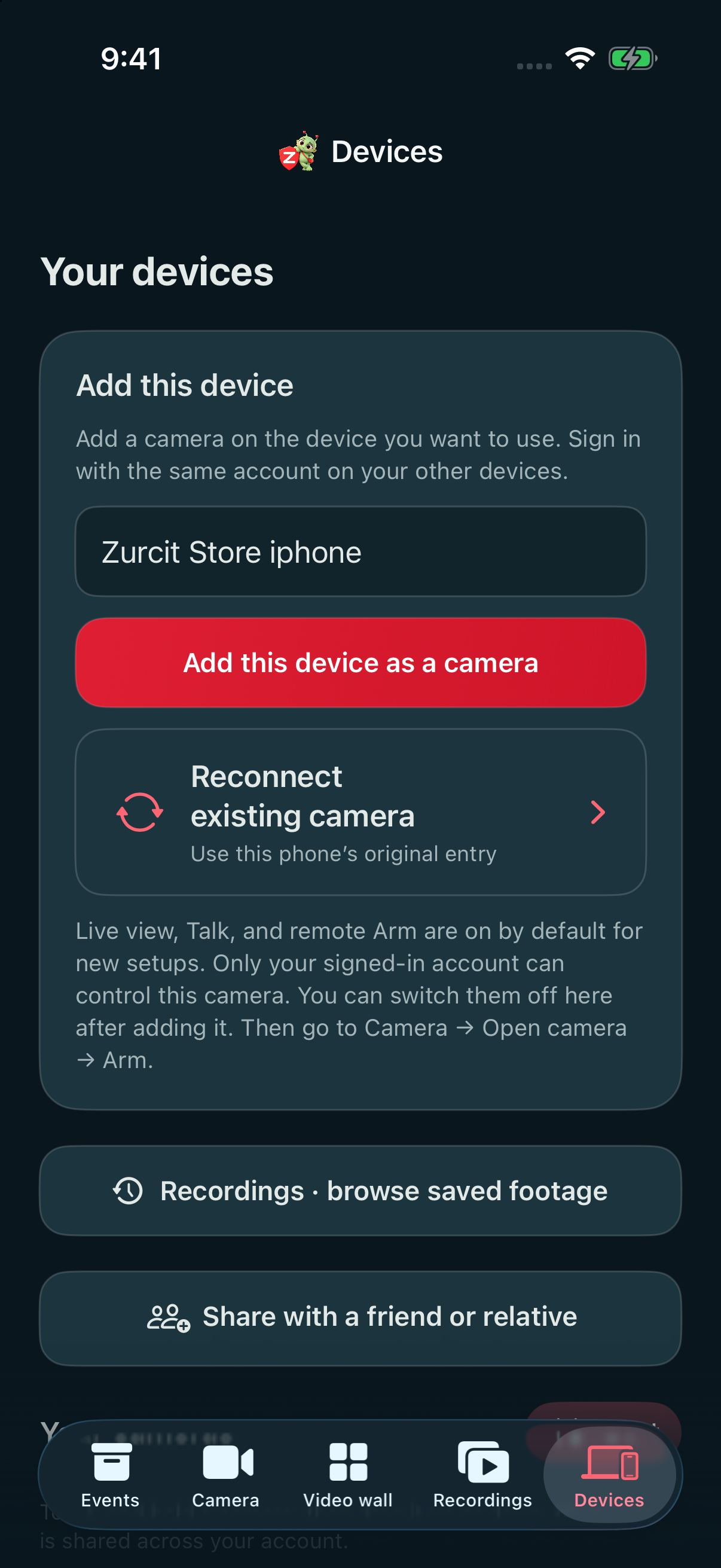 Actual Devices screen with device name field and Add this device as a camera button