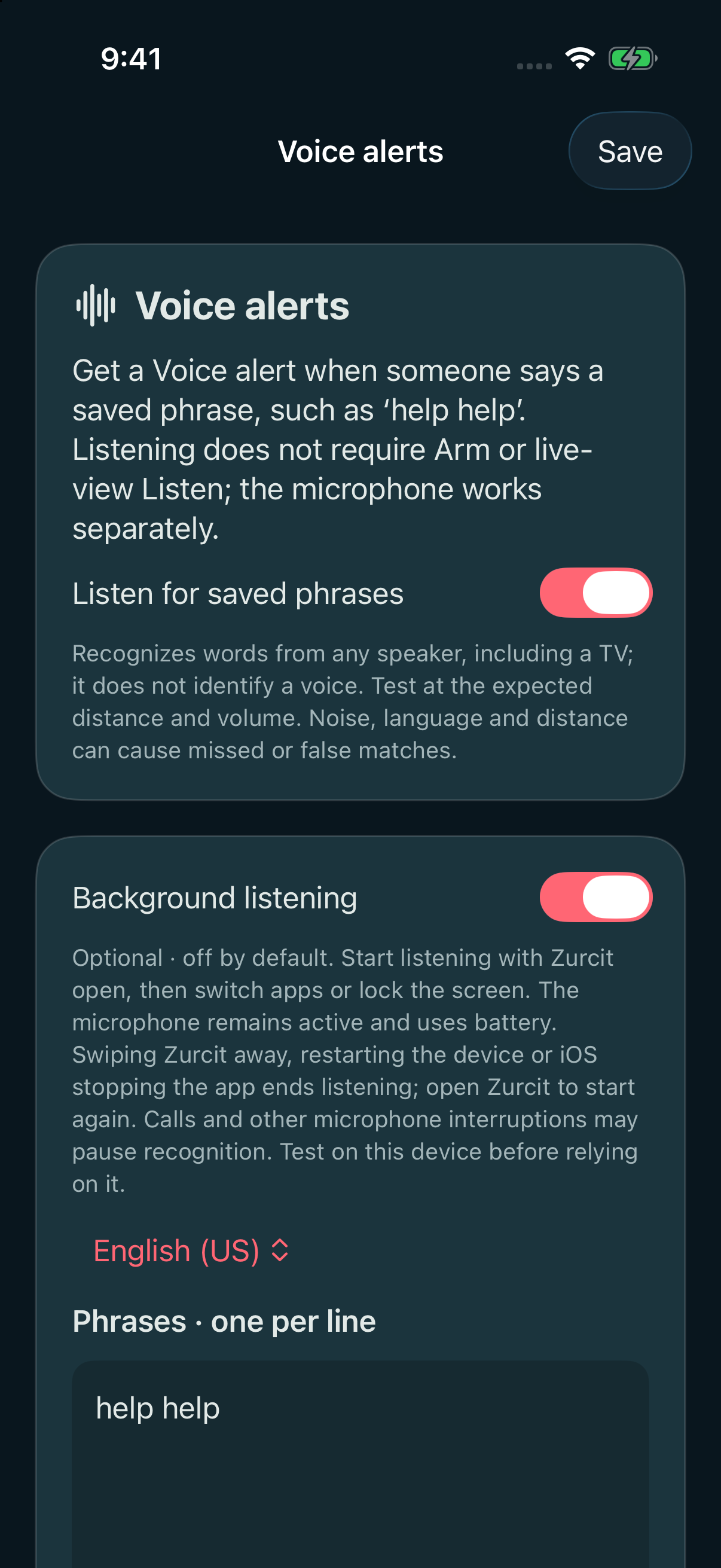 Actual Voice alerts settings with saved phrase and Background listening enabled